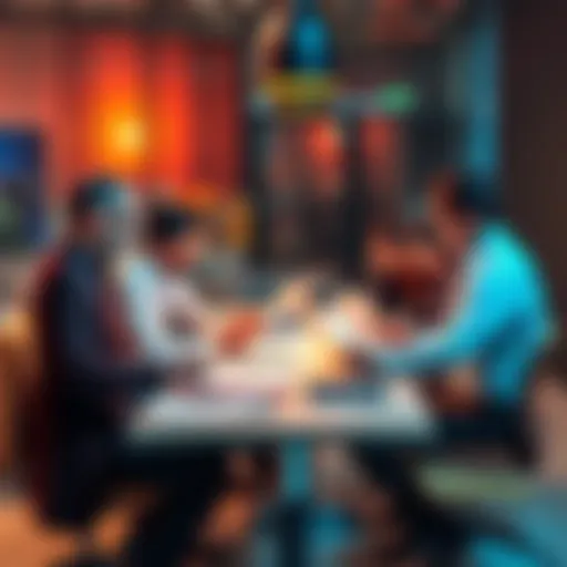 Business professionals gather around a table, reviewing documents and discussing strategies to increase profits using MNF techniques.