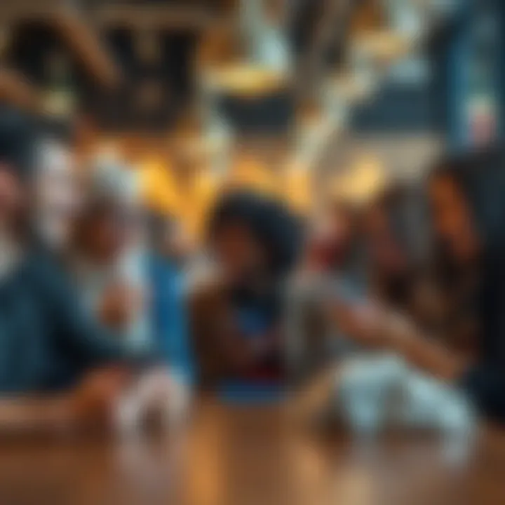 A group of diverse people laughing and using their phones in a cafe, illustrating modern social interactions.