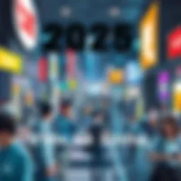 A depiction of people interacting with technology and current trends in a busy urban setting on July 20, 2025.