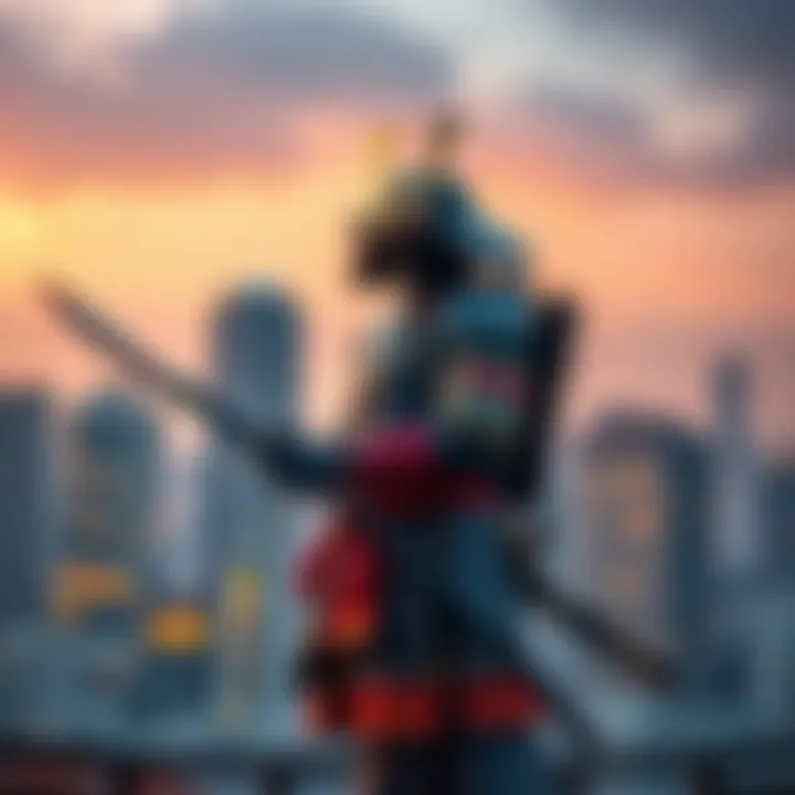 A modern samurai dressed in traditional armor, holding a katana, standing against a city skyline, showcasing the blend of past and present culture.