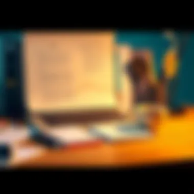 A creative workspace featuring a laptop, notes, and a coffee cup, symbolizing modern scriptwriting.