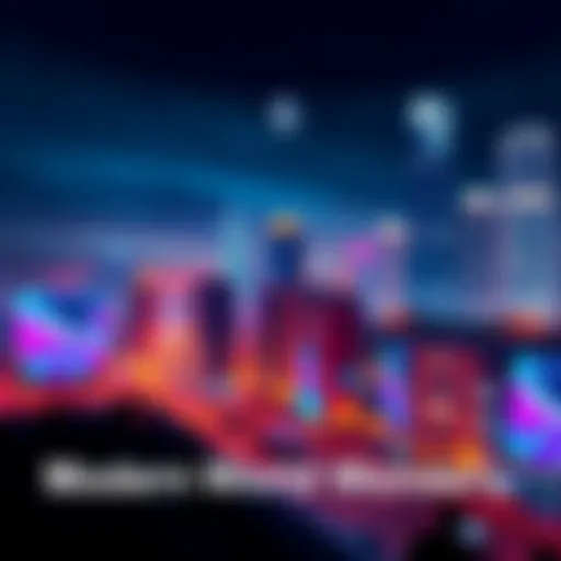 A vibrant city skyline showcasing modern architecture and technology, with people enjoying the lively atmosphere.