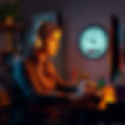 A mother sitting at a desk playing video games, looking focused, with a clock showing school hours in the background