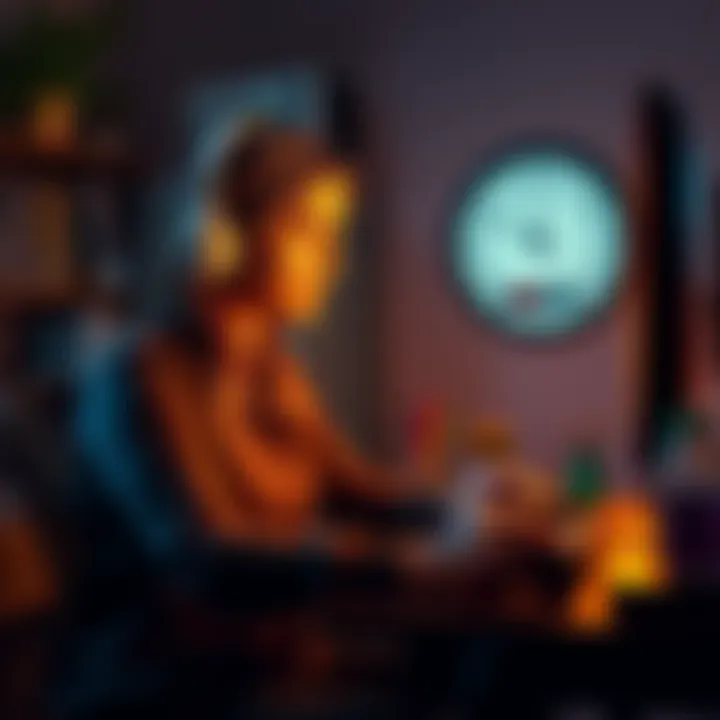 A mother sitting at a desk playing video games, looking focused, with a clock showing school hours in the background