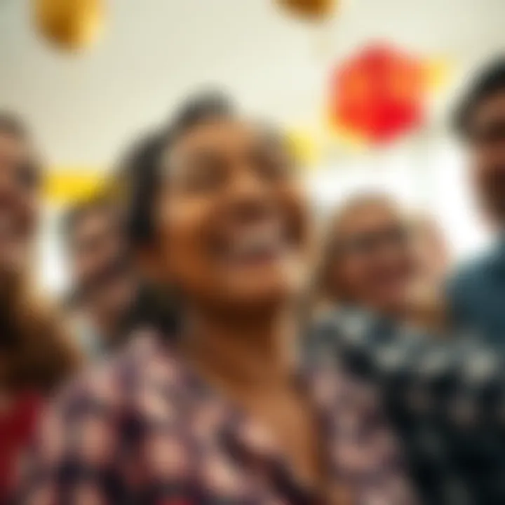 A person smiling with tears of joy, surrounded by friends and family, celebrating a long-awaited dream come true.