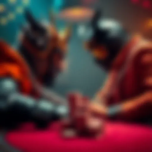 Monarch and Jungleman face each other at a poker table, with intense expressions and high-stakes chips stacked between them.