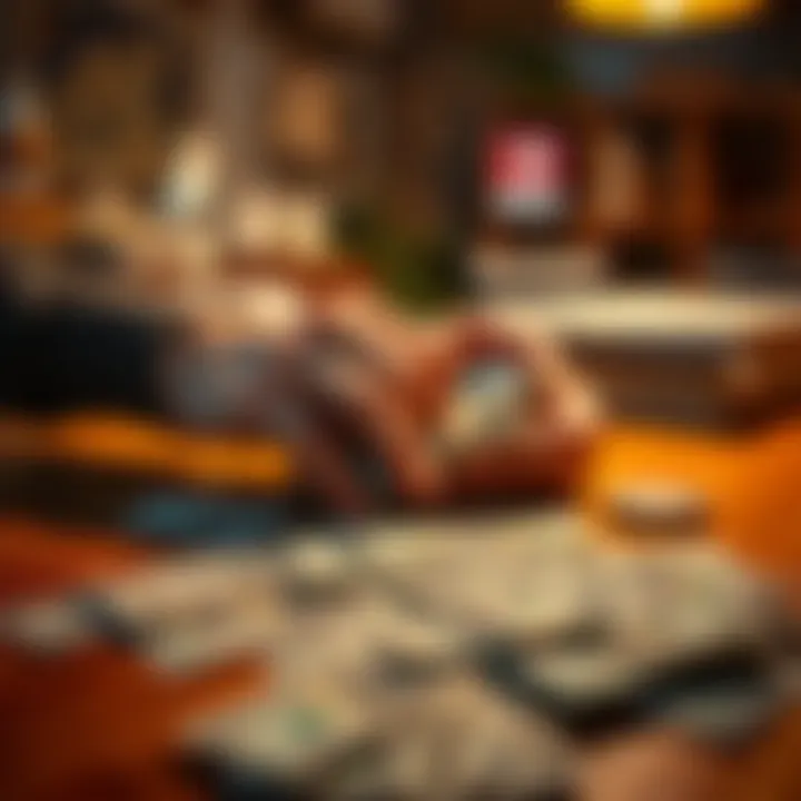 A person counting cash on a wooden table with dollar bills spread out