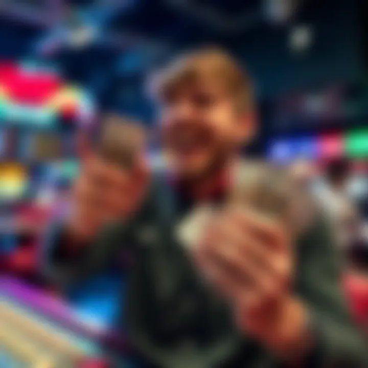 A person holding cash with excitement after successful betting in a game, symbolizing quick financial gains.