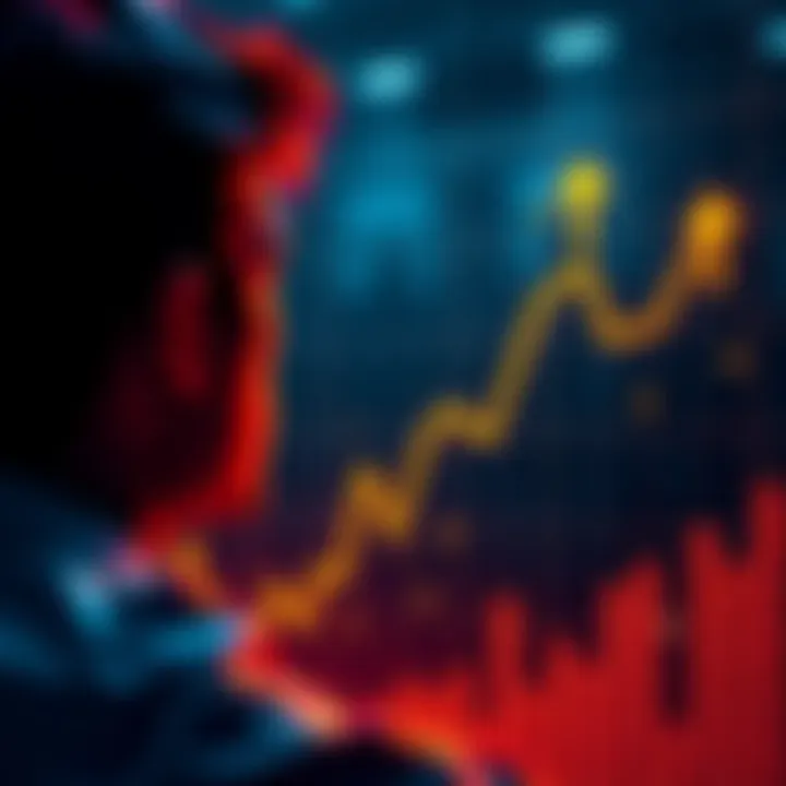 A person looking at a financial chart with rising and falling arrows, showing gains and losses.