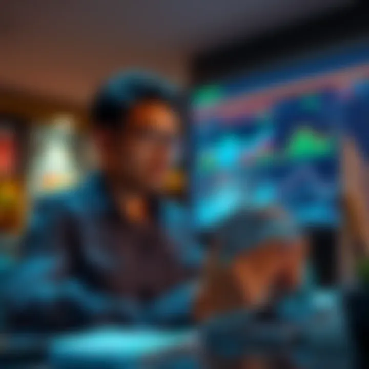 A person analyzing financial charts and counting cash to strategize for profits.