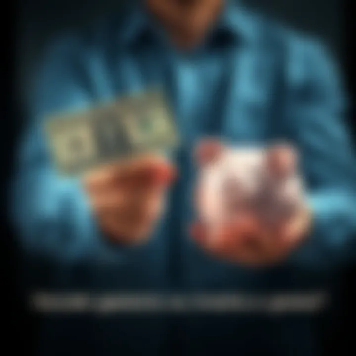 A person holding a dollar bill in one hand and a piggy bank in the other, symbolizing the decision between spending and investing money.