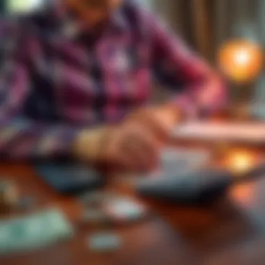 Money choices on a table A person contemplating money decisions with cash and a calculator on a table