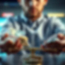 A person weighing options between cash and investments, with money on one side and investment charts on the other.