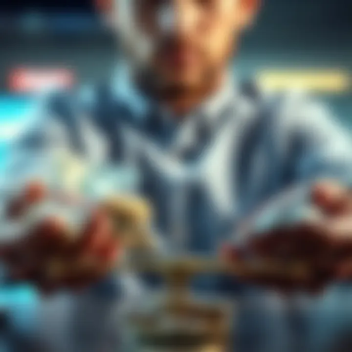 A person weighing options between cash and investments, with money on one side and investment charts on the other.