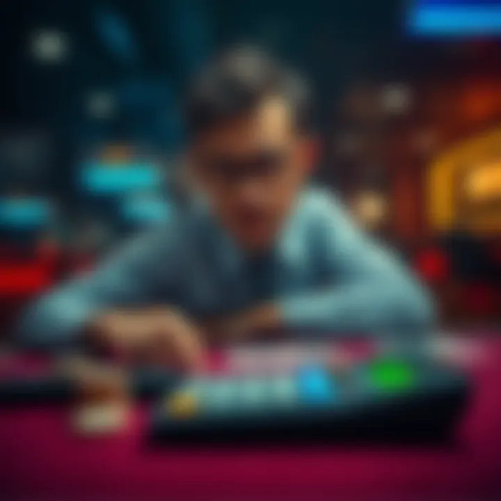 A person contemplating whether to withdraw cash or continue betting at a table with chips and a calculator in front of them