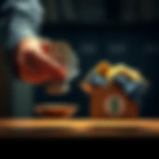 A person weighing options between cash and items for donation. One hand holds money, the other holds a box of clothes.