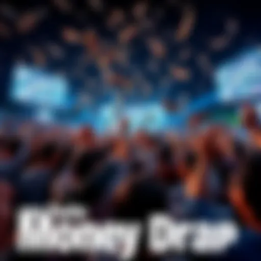 A crowd eagerly awaits the start of a money drop event, with bills floating in the air and people reaching out to grab them.