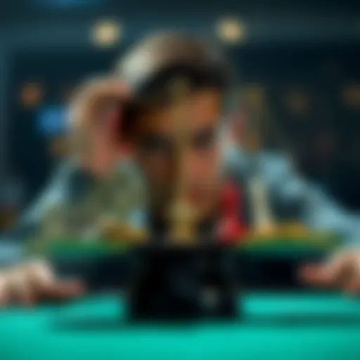 A person weighing the options of accepting money or continuing to play a game, with money on one side and game pieces on the other.