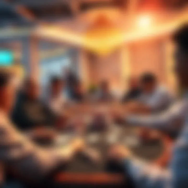 A group of players engaged in a money card game at a table in Singapore, showcasing chips and cards, with a lively atmosphere around them.