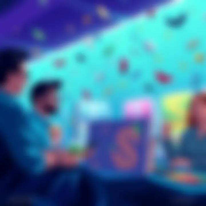 Illustration showing people engaging with modern money gaming platforms, excited about potential prizes and rewards.