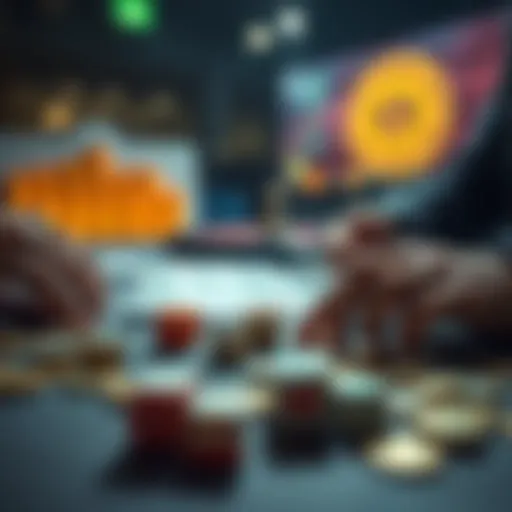 Person planning a gaming investment with money and dice on a table