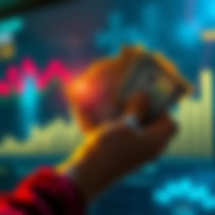A person holding cash with a chart showing growth in the background