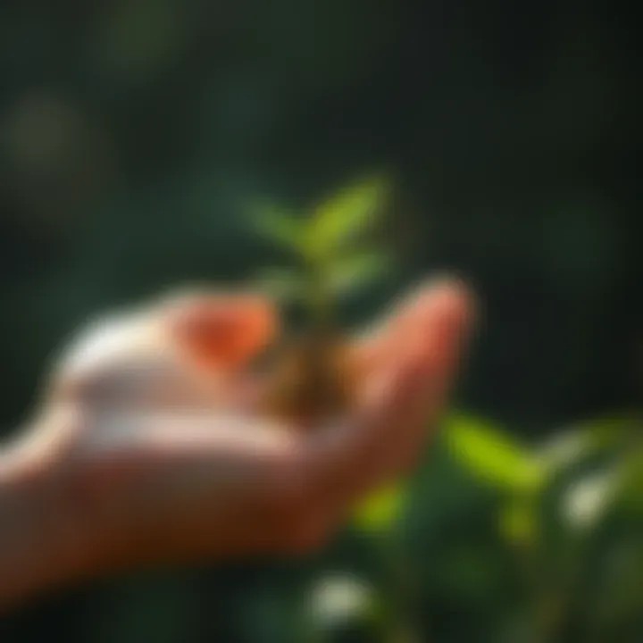 Hand holding a plant growing from coins, symbolizing financial growth from a small investment.