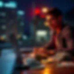 A person contemplating investment strategies with a laptop and money on a table at night
