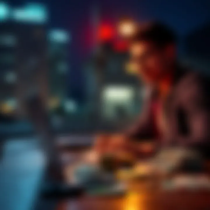 Money and investment concept at night A person contemplating investment strategies with a laptop and money on a table at night