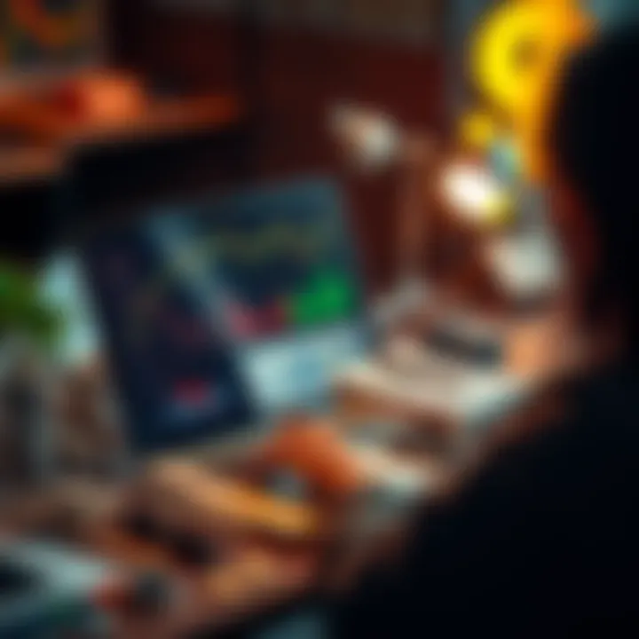 A person reviewing financial strategies on a laptop with charts and money symbols around