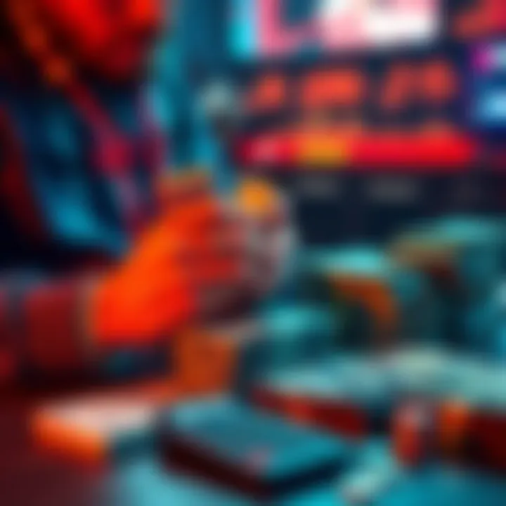 A person organizing their gaming and real money finances with stacks of cash and a calculator