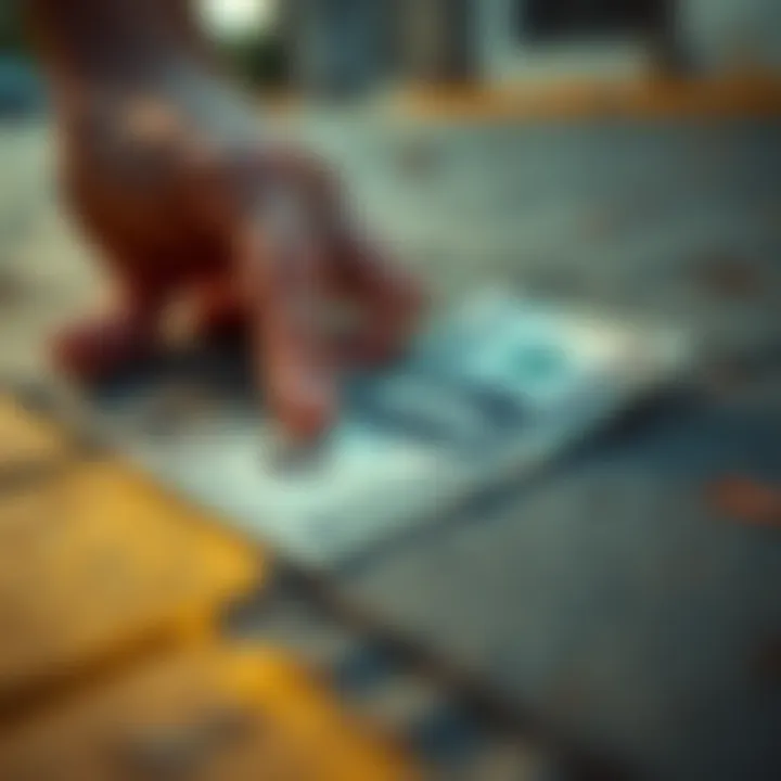 A close-up of a $172 bill lying on the sidewalk, with a person's hand hesitating to pick it up.