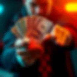 Money or Chance A person holding cash in one hand and a dice in the other, contemplating their choice between immediate cash and taking a risk.