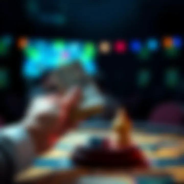 Money or Decision A person holding cash in one hand and looking at a game board, weighing options for a decision