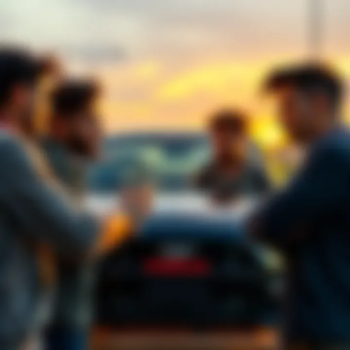 Money or Ride Choice A group of young men discussing whether to take money or a ride, with cash in hand and a car in the background.