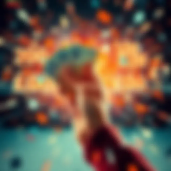 A hand holding 4 euros with a background of 1,000 euros appearing through a magic effect.