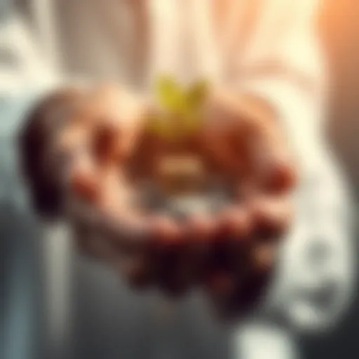 A person holding a small plant growing from coins representing investment growth