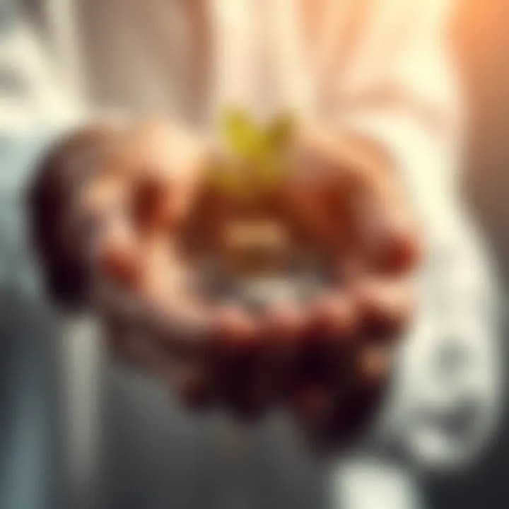 Money transformation ideas A person holding a small plant growing from coins representing investment growth