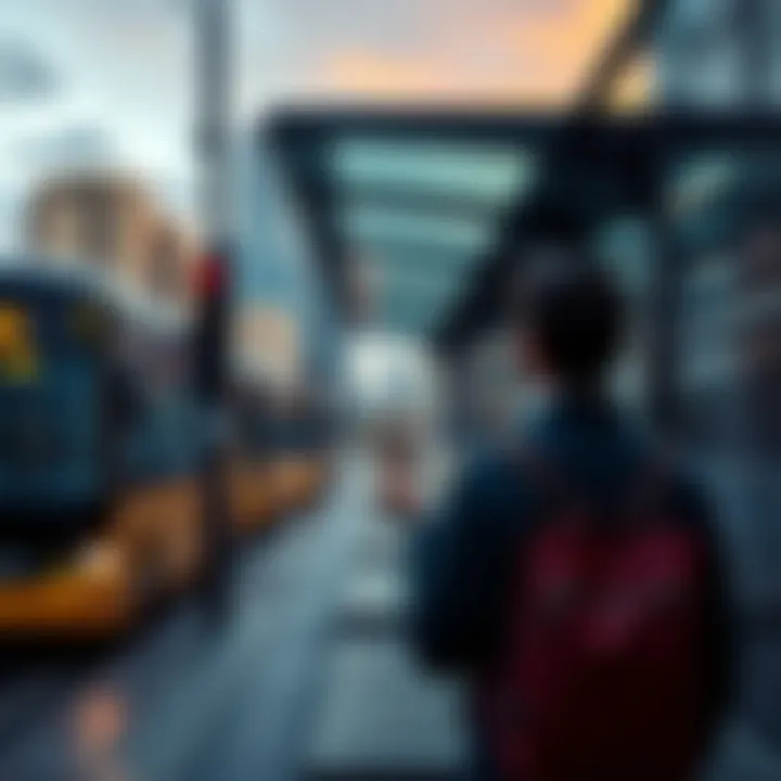 A person standing at a bus stop while holding cash, contemplating between taking a bus or spending money on a taxi, with city buildings in the background.