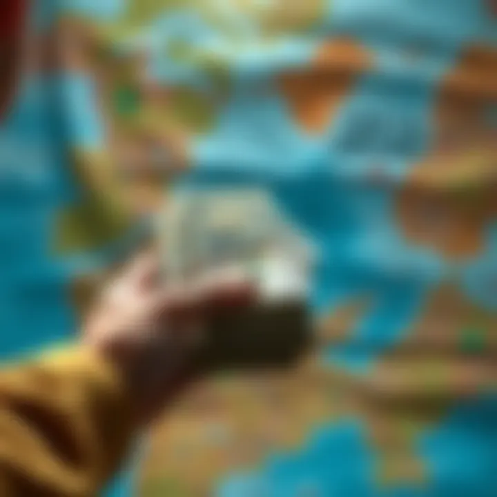 A person holding a large stack of cash while looking at a travel map, emphasizing safe money transport during travel.