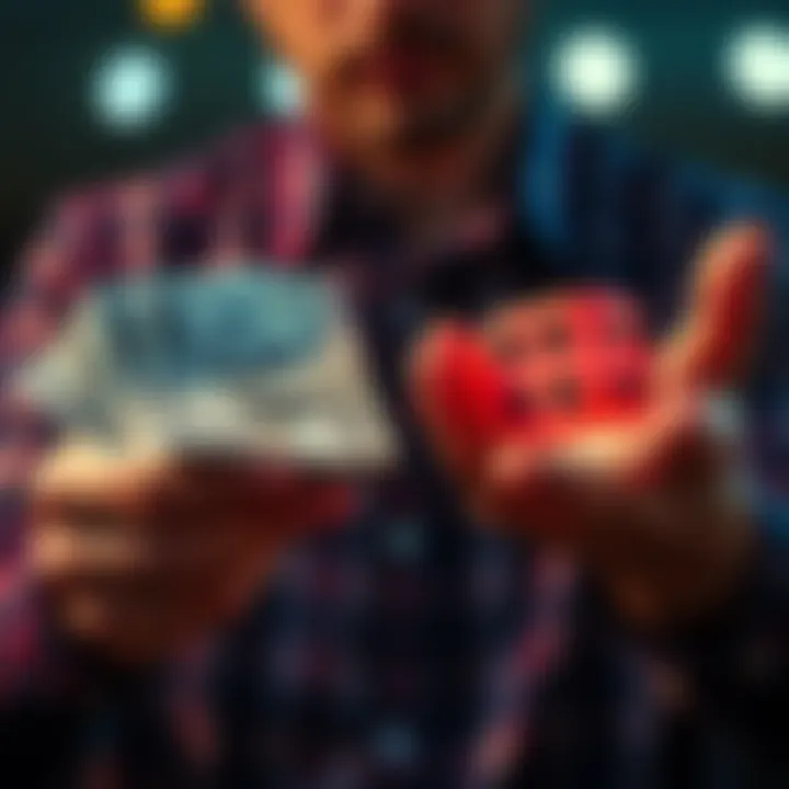 A person contemplating money in one hand and a dice in the other, representing financial decisions between cash and gambling.
