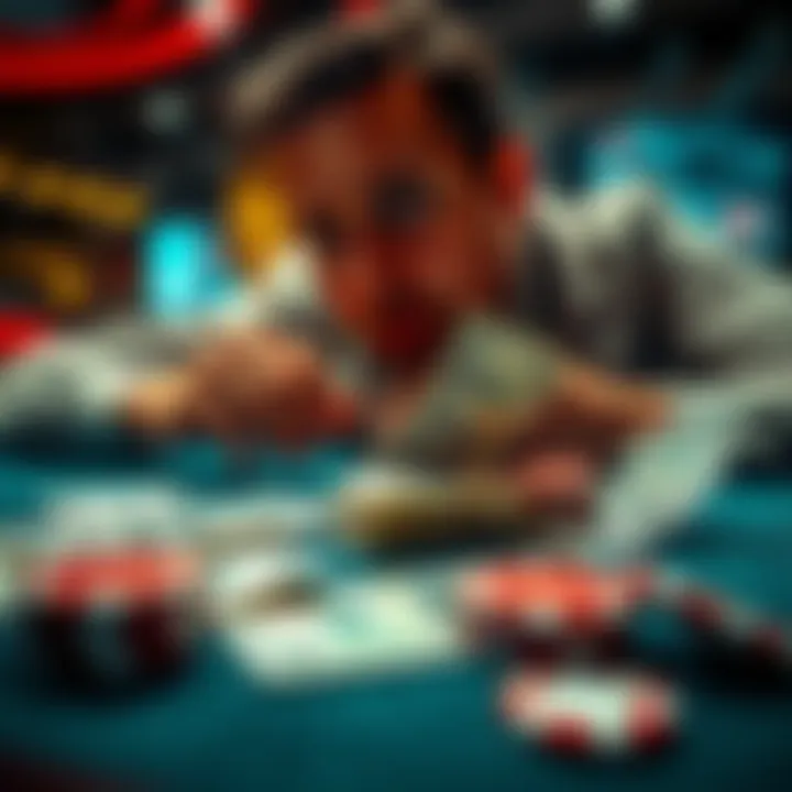 Money withdrawal decision A person contemplating whether to withdraw money or keep betting, with dollar bills and gaming chips on a table.