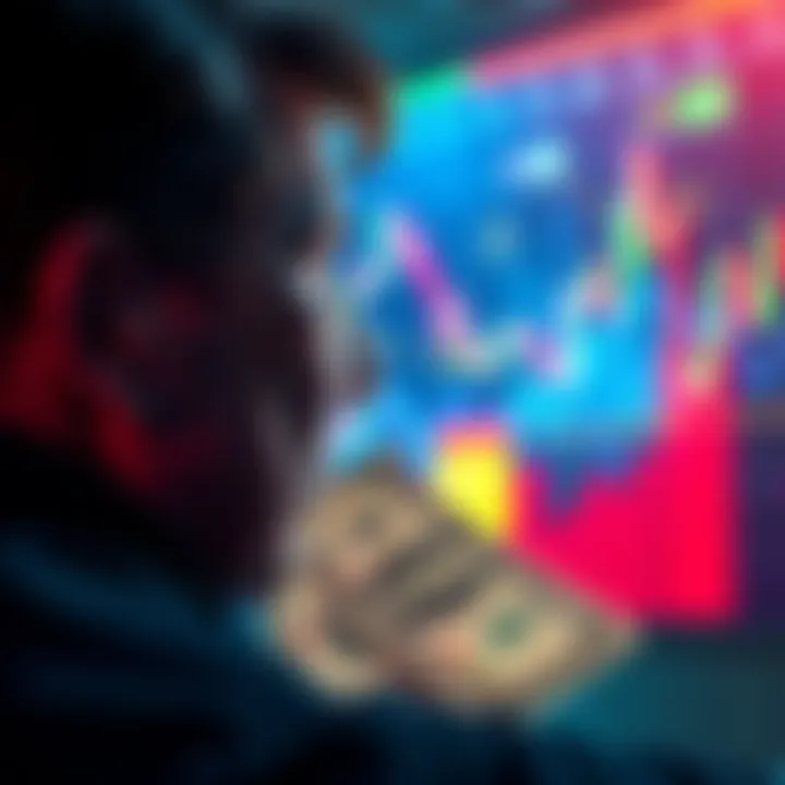 A person contemplating money withdrawal versus keeping their investments, with dollar bills and a stock chart in the background.