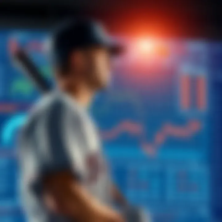 A baseball player looks thoughtful while holding a bat, surrounded by charts and statistics on a screen behind him, symbolizing his journey in Moneyball.