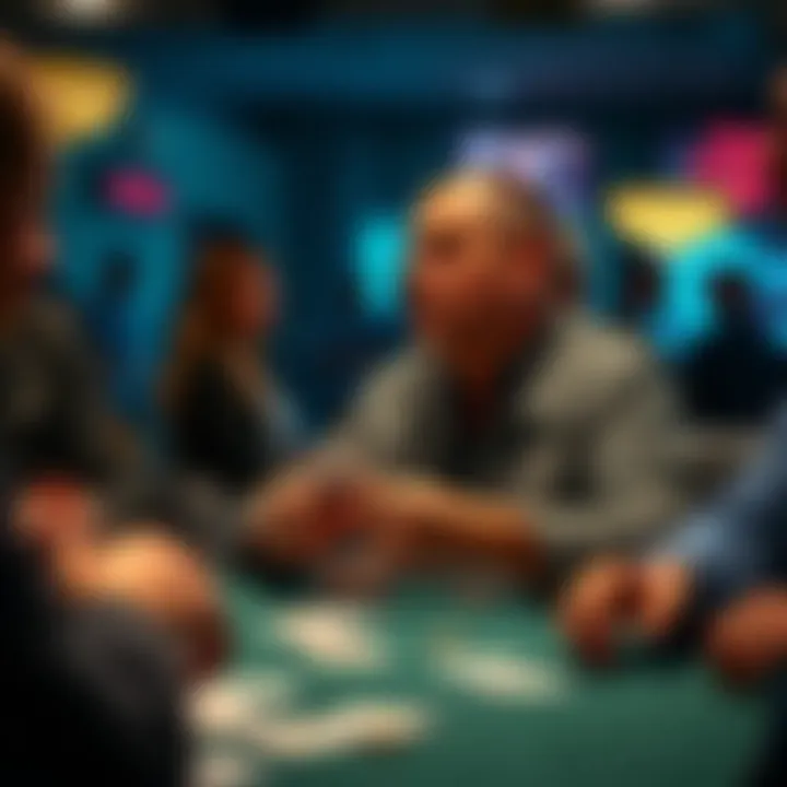 Moneymaker making a risky play in poker Moneymaker sitting at a poker table, looking at his cards with a focused expression while other players react around him