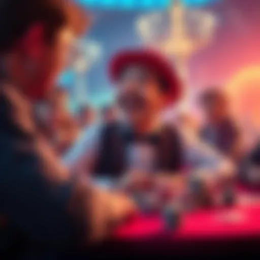 A Monopoly Poker player laughing and asking for chips during a game, with others reacting in amusement