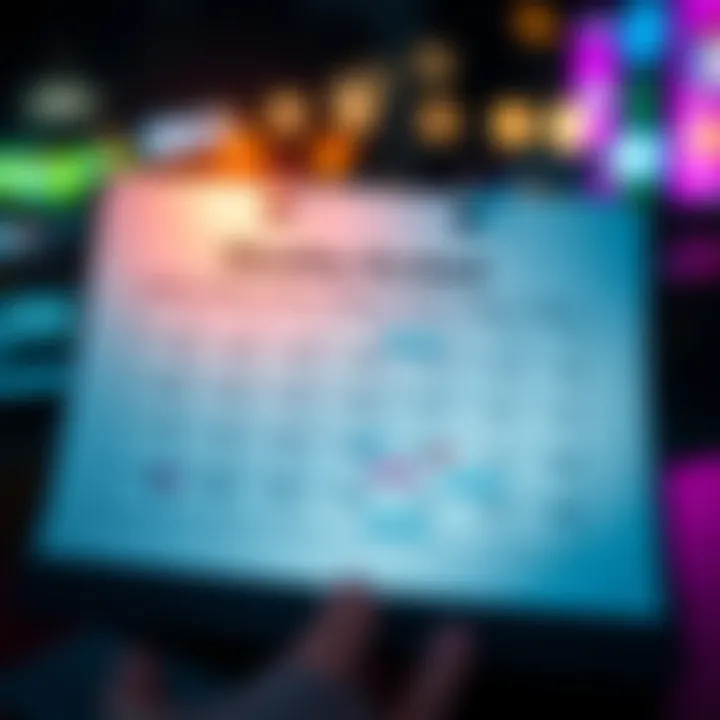 A calendar page highlighting the concept of monthly content posts with community engagement symbols