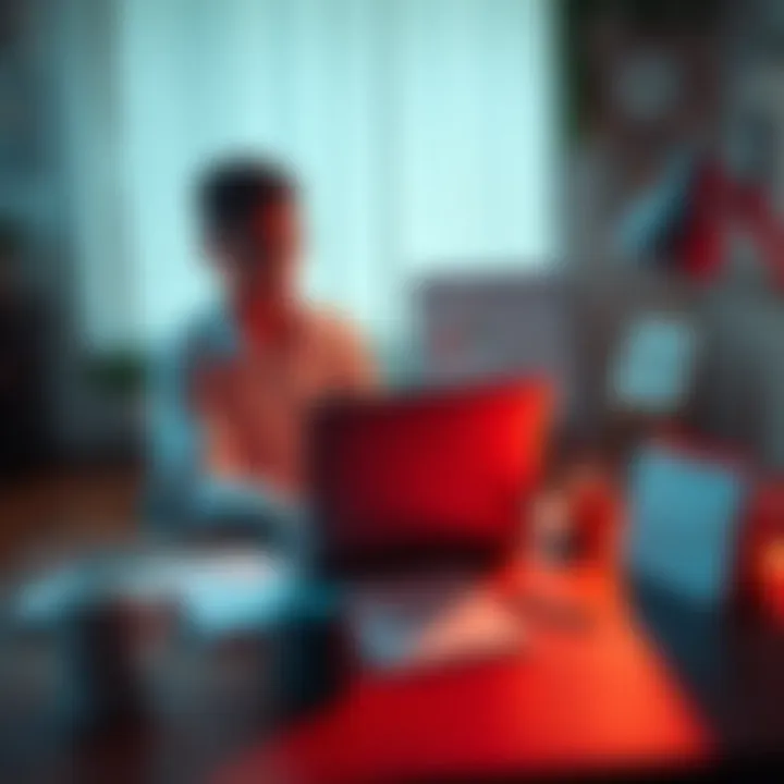 A person sitting at a desk with a laptop, contemplating whether to publish a blog post now or later, surrounded by notes and a calendar.