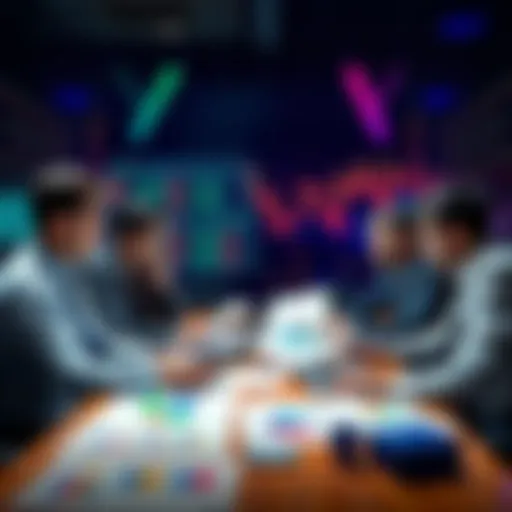 A group of people discussing betting strategies at a table with charts and graphs