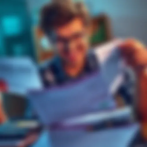 A person happily examining their paycheck with a large bonus highlighted, surrounded by financial documents and a calculator.